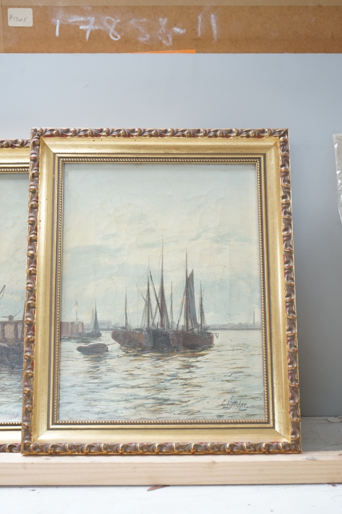 Edwin Henry Eugene Fletcher (1857-1945), pair of oils on canvas, Seascapes with boats, each signed, 22 x 15cm, gilt framed